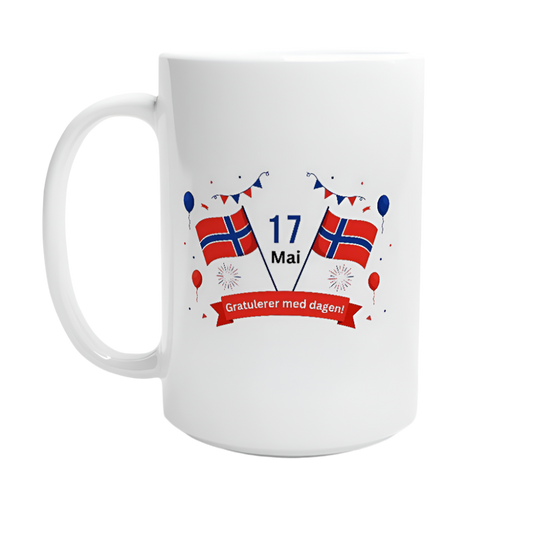 Hvit 15 oz keramikkopp – 17 design inspirert av 17. mai - Trykk Uttrykk Print Material (Store description) #