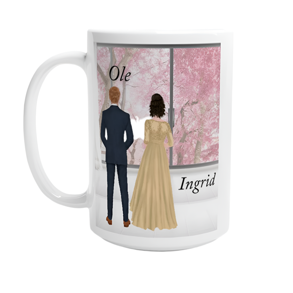 Hvit 15 oz keramikkopp – tilpasset bryllupsdesign - Trykk Uttrykk Print Material (Store description) #